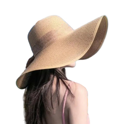 Capeline paille naturelle grand bord 15 cm ruban ajustable - Beige
