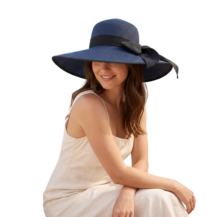 Capeline paille naturelle grand bord 15 cm ruban ajustable - Bleu marine/noir
