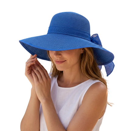 Capeline paille naturelle grand bord 15 cm ruban ajustable - Bleu