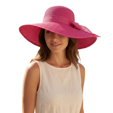 Capeline paille naturelle grand bord 15 cm ruban ajustable - Rose foncé
