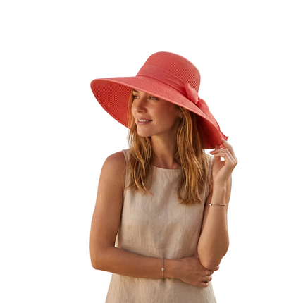 Capeline paille naturelle grand bord 15 cm ruban ajustable - Rose/orange
