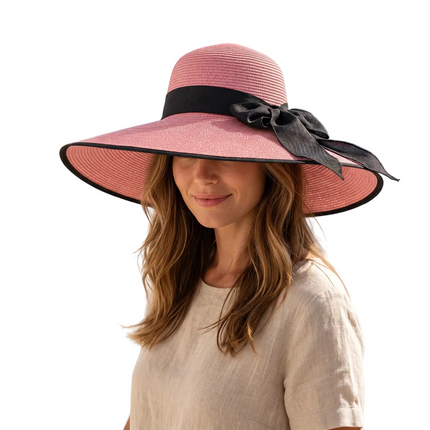 Capeline paille naturelle grand bord 15 cm ruban ajustable - Rose/noir 

