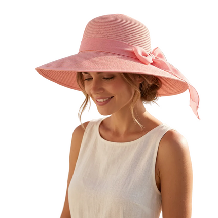 Capeline paille naturelle grand bord 15 cm ruban ajustable - Rose
