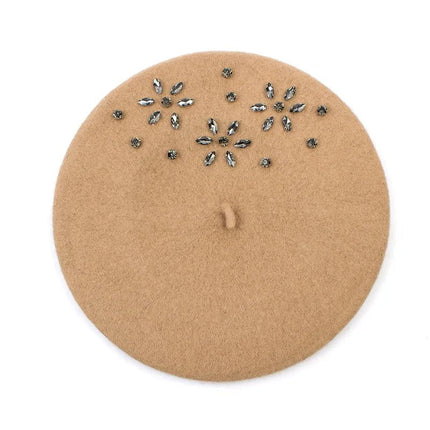 Béret femme en laine et strass - Kaki - Ajustable (du 54 au 59) | La boutique du chapeau