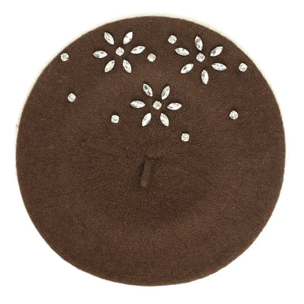 Béret femme en laine et strass - Café - Ajustable (du 54 au 59) | La boutique du chapeau