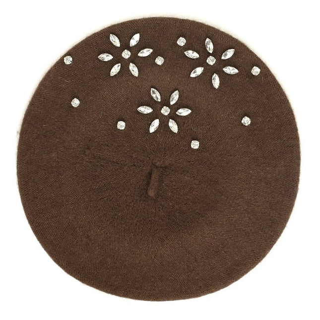 Béret femme en laine et strass - Café - Ajustable (du 54 au 59) | La boutique du chapeau