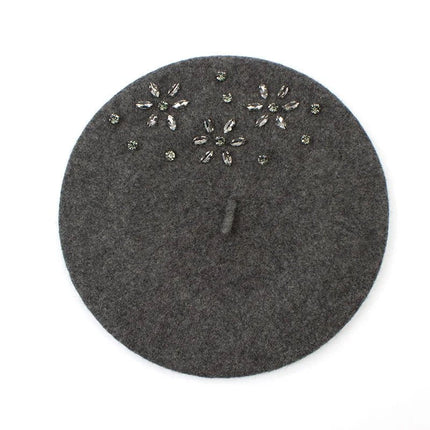 Béret femme en laine et strass - Gris foncé - Ajustable (du 54 au 59) | La boutique du chapeau
