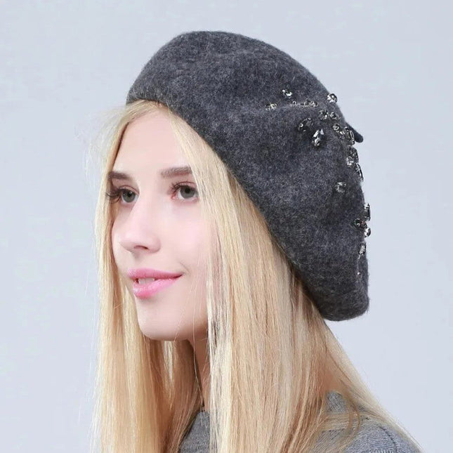 Béret femme en laine et strass - Gris - Ajustable (du 54 au 59) | La boutique du chapeau