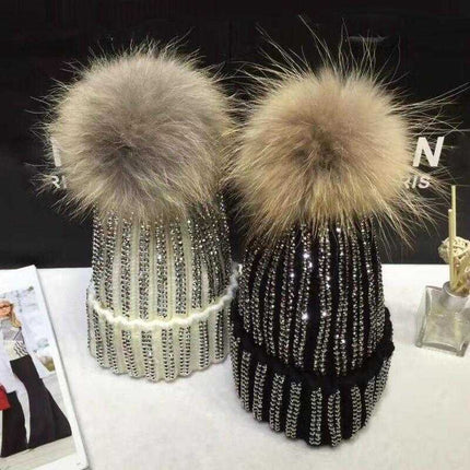 Bonnet avec strass et pompon - Blanc - Adulte | La boutique du chapeau