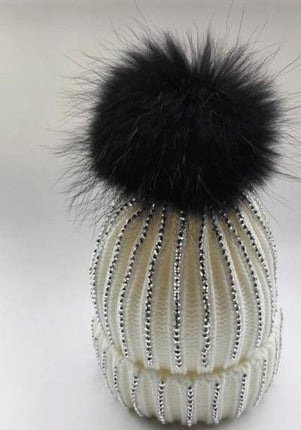 Bonnet avec strass et pompon - blanc avec pom noir - Adulte | La boutique du chapeau