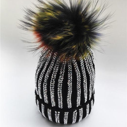 Bonnet avec strass et pompon - Noir avec arc en ciel - Adulte | La boutique du chapeau