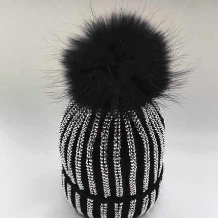 Bonnet avec strass et pompon - Noir avec pom noir - Adulte | La boutique du chapeau
