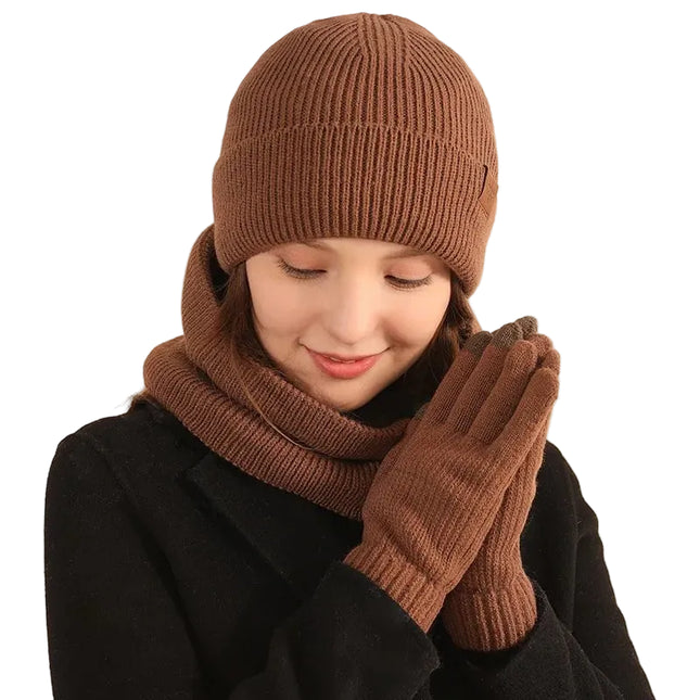 Bonnet cache - cou et gants d'hiver épais et chaud - Café - Ajustable (du 54 au 59) | La boutique du chapeau