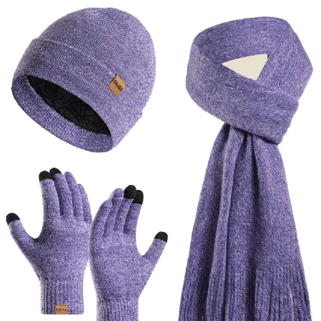 Bonnet, écharpe et gants en tricot - Violet foncè - Ajustable (du 54 au 59) | La boutique du chapeau