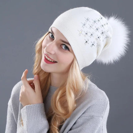 Bonnet en laine avec pompon pour femme - Blanc - Ajustable (du 54 au 59) | La boutique du chapeau