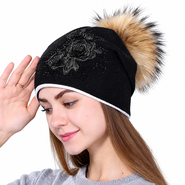 Bonnet en laine avec pompon pour femme - Noir marron - Ajustable (du 54 au 59) | La boutique du chapeau