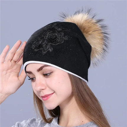 Bonnet en laine avec pompon pour femme - Noir marron - Ajustable (du 54 au 59) | La boutique du chapeau