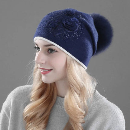 Bonnet en laine avec pompon pour femme - Bleu - Ajustable (du 54 au 59) | La boutique du chapeau