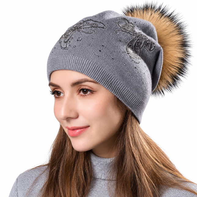 Bonnet femme en laine avec pompon et strass - Gris - Ajustable (du 54 au 59) | La boutique du chapeau