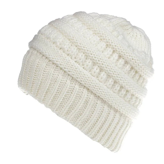 Bonnet tricoté pour queue de cheval - Blanc - Ajustable (du 54 au 59) | La boutique du chapeau