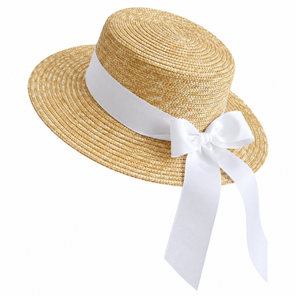 Canotier avec ruban et nœud - Blanc - M (56 - 58cm) | La boutique du chapeau