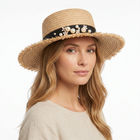 Canotier Femme en Paille — Bord Effrangé, Ruban Noir & Perles