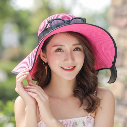 capeline en paille pour femme grand bord ruban bicolore rose fushia
