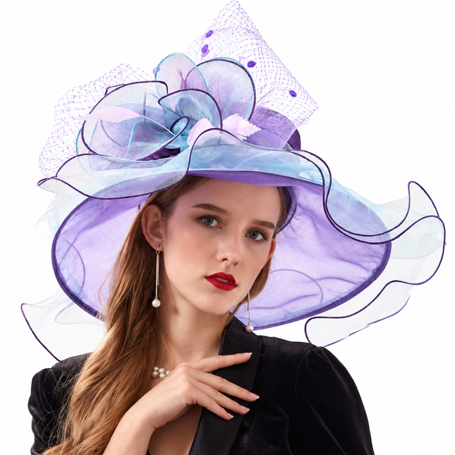 Chapeau avec plumes et fleur - Violet/bleu - M (56 - 58cm) | La boutique du chapeau