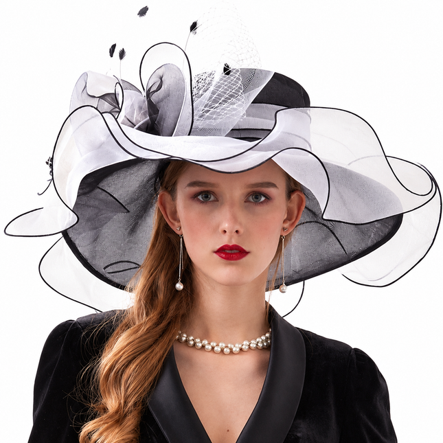 Chapeau avec plumes et fleur - Noir/blanc - M (56 - 58cm) | La boutique du chapeau