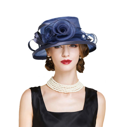 Chapeau de cérémonie avec fleurs - Bleu marine - M (56 - 58cm) | La boutique du chapeau