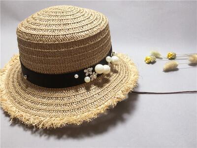 Chapeau de paille bandeau en cuir et perles - Marron - M (56 - 58cm) | La boutique du chapeau