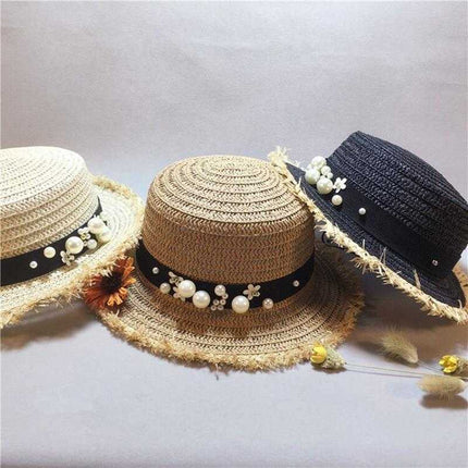 Chapeau de paille bandeau en cuir et perles - Beige - M (56 - 58cm) | La boutique du chapeau