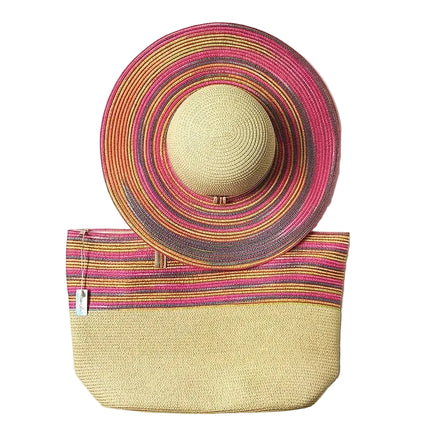 Chapeau de paille et sac de plage beige - Beige/rose - M (56 - 58cm) | La boutique du chapeau
