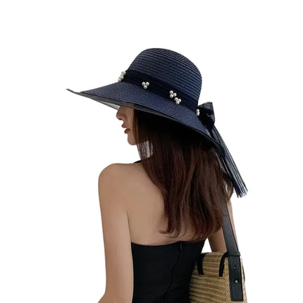 Chapeau de paille perlé - Bleu marine - M (56 - 58cm) | La boutique du chapeau