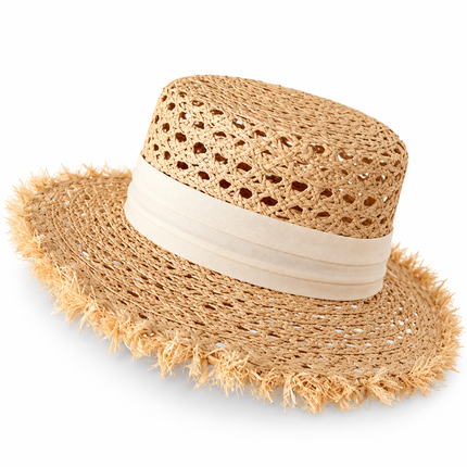 Chapeau de paille plat - Blanc/beige - M (56 - 58cm) | La boutique du chapeau