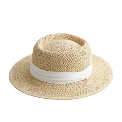 Chapeau de paille rond ruban blanc - Beige/blanc - M (56 - 58cm) | La boutique du chapeau