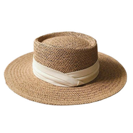 Chapeau de paille rond ruban blanc - Marron/blanc - M (56 - 58cm) | La boutique du chapeau