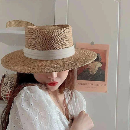 Chapeau de paille rond ruban blanc - Marron/noir - M (56 - 58cm) | La boutique du chapeau