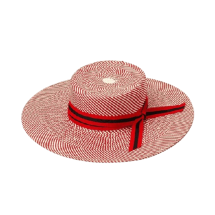 Chapeau de paille tissé à rayures - Rose/rouge - Avec ruban - M (56 - 58cm) | La boutique du chapeau