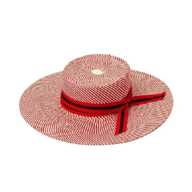 Chapeau de paille tissé à rayures - Rose/rouge - Avec ruban - M (56 - 58cm) | La boutique du chapeau