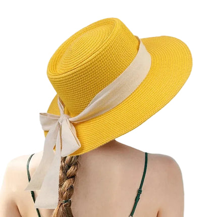 Chapeau de plage avec ruban - Jaune - M (56 - 58cm) | La boutique du chapeau