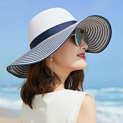 Chapeau de soleil en paille à rayures - Bleu - M (56 - 58cm) | La boutique du chapeau