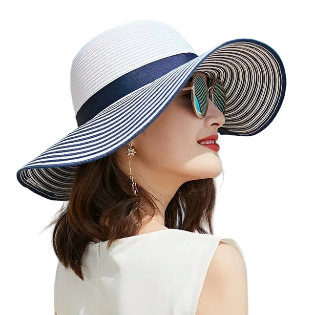 Chapeau de soleil en paille à rayures - Bleu - M (56 - 58cm) | La boutique du chapeau