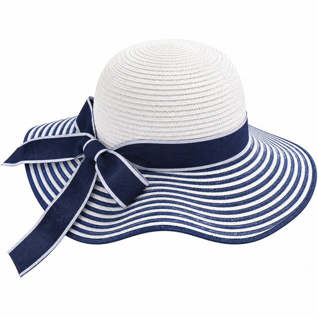 Chapeau femme paille calotte unie bord rayé nœud papillon