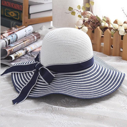 Chapeau de soleil en paille à rayures - Bleu - M (56 - 58cm) | La boutique du chapeau