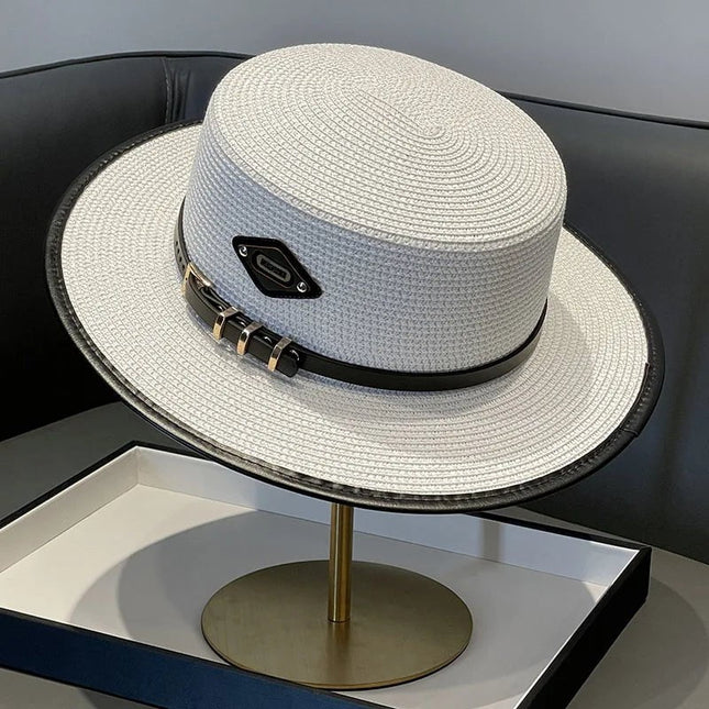 Chapeau en paille avec ceinture cuir - Blanc - M (56 - 58cm) | La boutique du chapeau