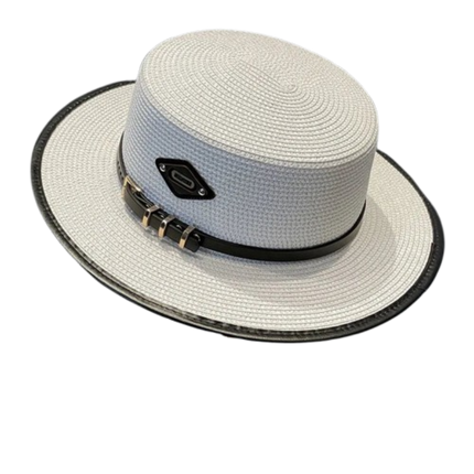 Chapeau en paille avec ceinture cuir - Blanc - M (56 - 58cm) | La boutique du chapeau