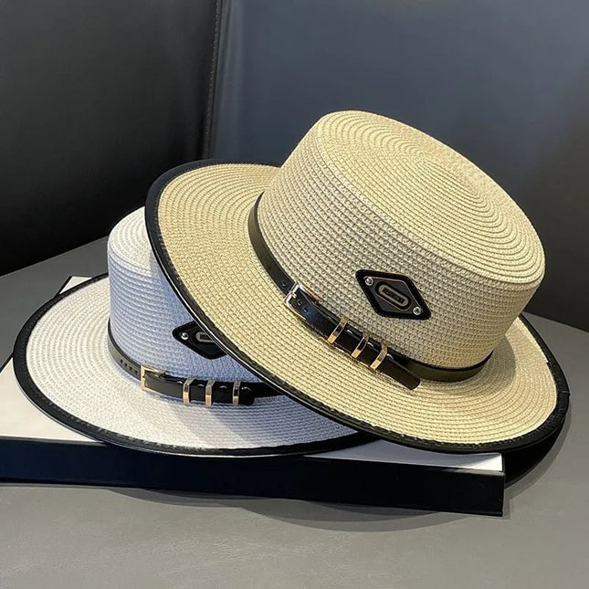 Chapeau en paille avec ceinture cuir - Blanc - M (56 - 58cm) | La boutique du chapeau