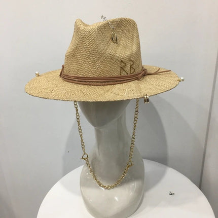 Chapeau en raphia pour femme avec chaîne - Beige - M (56 - 58cm) | La boutique du chapeau