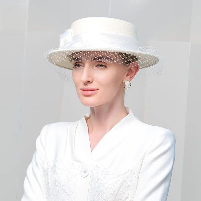 Chapeau fedora femme laine voile cérémonie - Blanc - M (56 - 58cm) | La boutique du chapeau